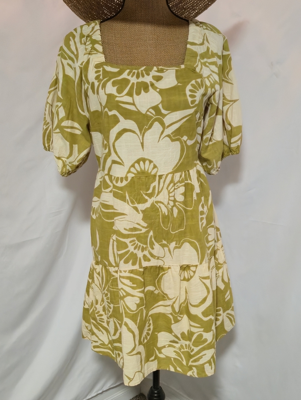Mlle Gabrielle Olive and Cream Floral Square-Neck Mini Dress